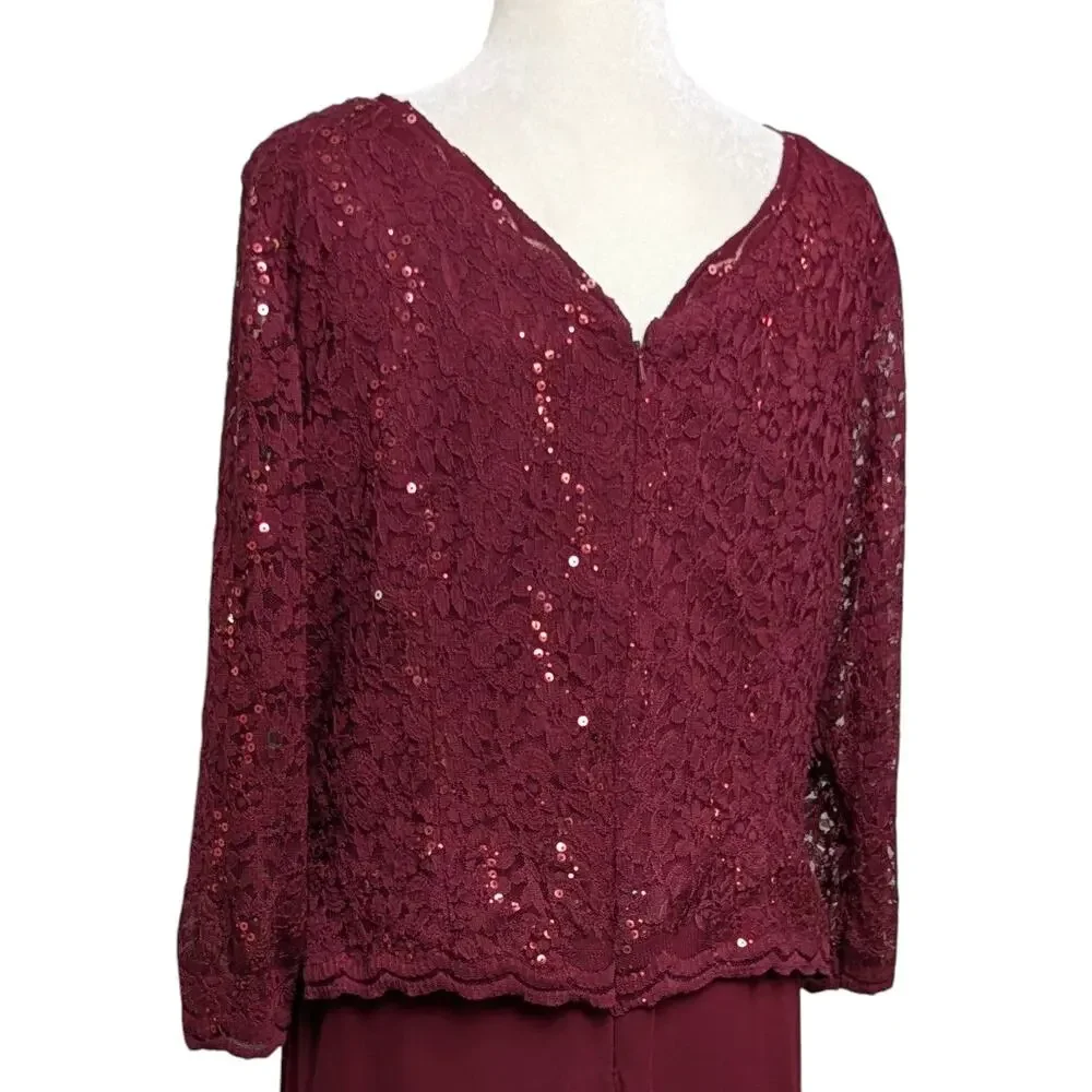 Plus Size Mother Bride Burgundy Lace Chiffon Formal Maxi Gown Cruise Formal 3XL - Picture 4 of 7